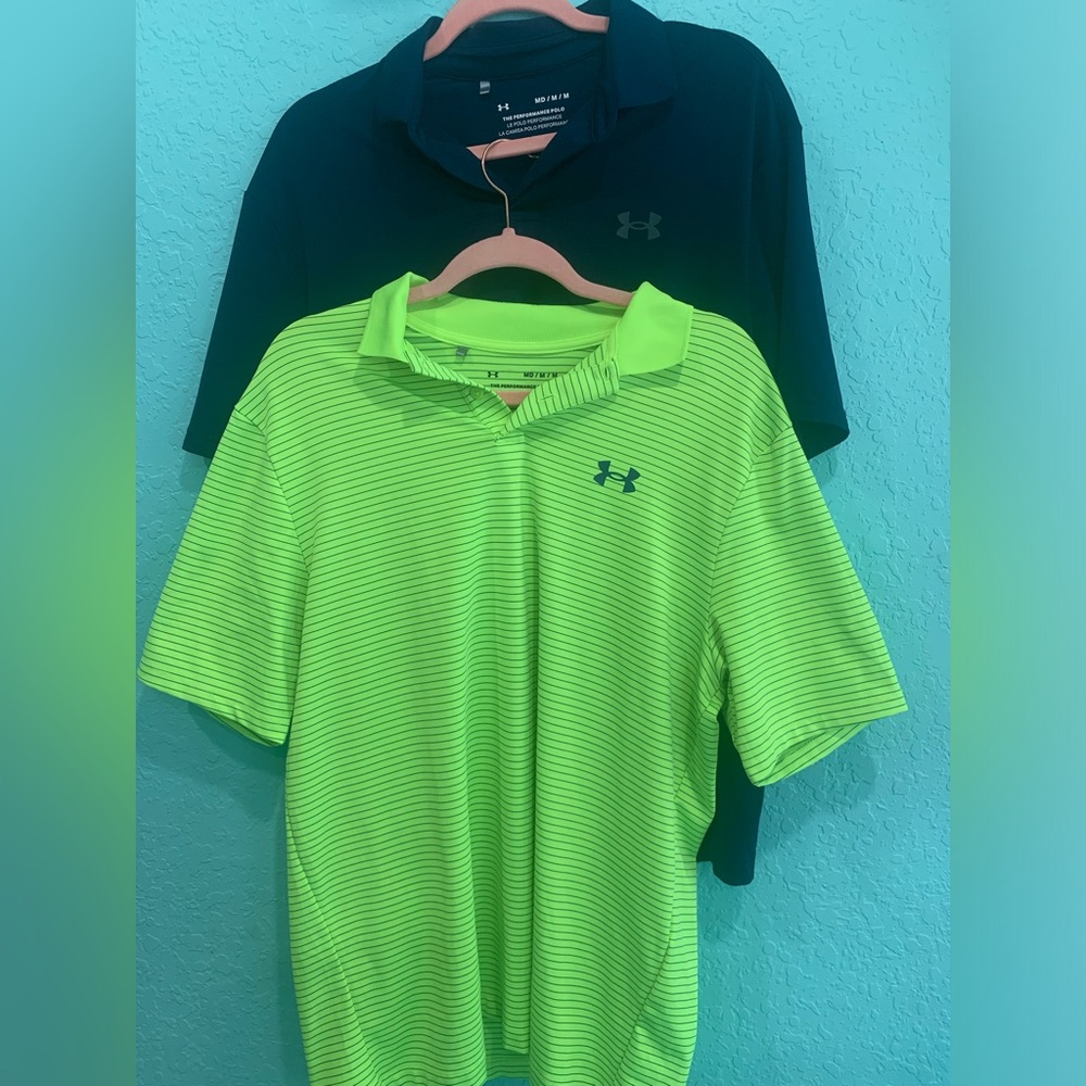 Under Armour Bright Neon yellow Striped Polo Shirt XL Navy Men’s M bundle golf